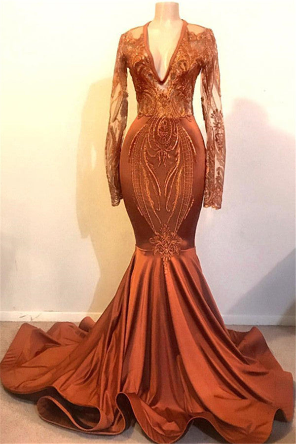 Modern Orange Long Sleeves Mermaid V-Neck Appliques Prom Dress