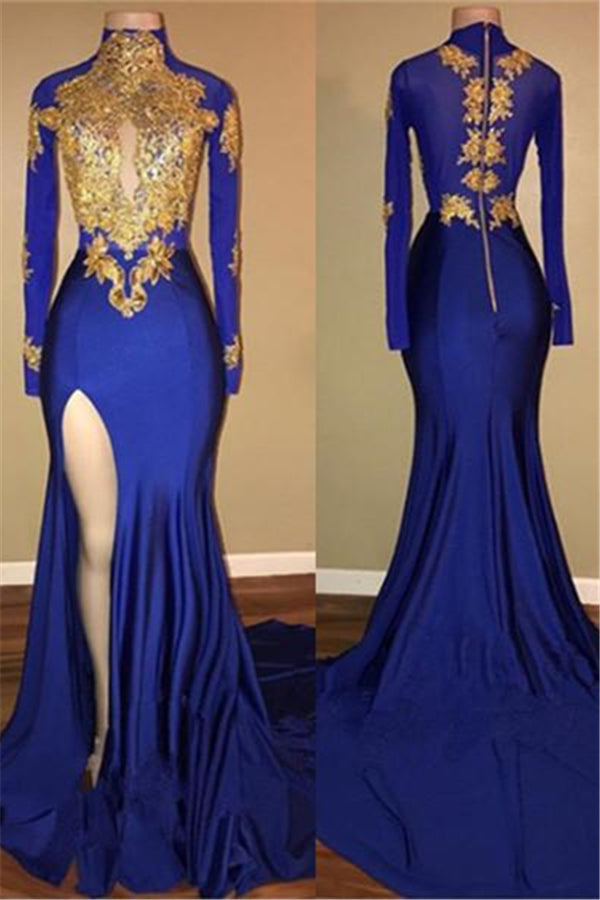 New Arrival Royal Blue Long Sleeves Good Appliques High Neck Prom Dress